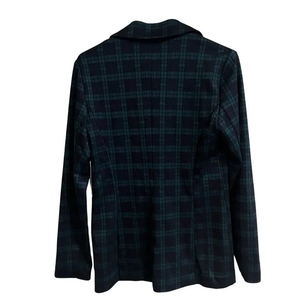 XS Blazer Jacket Blue Green Preppy Plaid Pockets Lapel Collar Button Long Sleeve